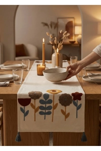 Buldan İşi Çiçek Desen Nakışlı Gri Püsküllü Pamuk Runner